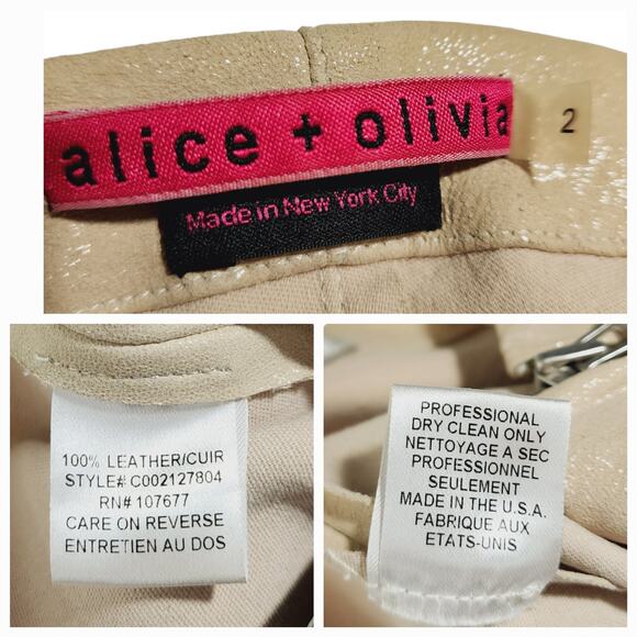 Alice‎ + Olivia Leather Pant 2 Women Cream Gold Metallic Sparkly Skinny Zip USA - Picture 10 of 13